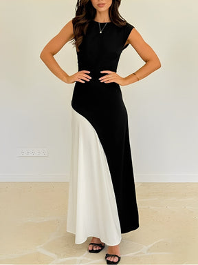 Vestido Longo Sem Mangas com Design Bicolor Diagonal Elegante - Alane