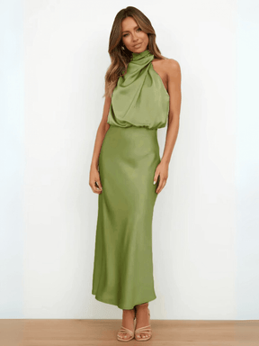 Vestido Midi Acetinado Acinturado com Gola Alta Drapeada Elegante – Rayca