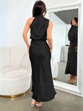 Vestido Midi Acetinado Acinturado com Gola Alta Drapeada Elegante – Rayca